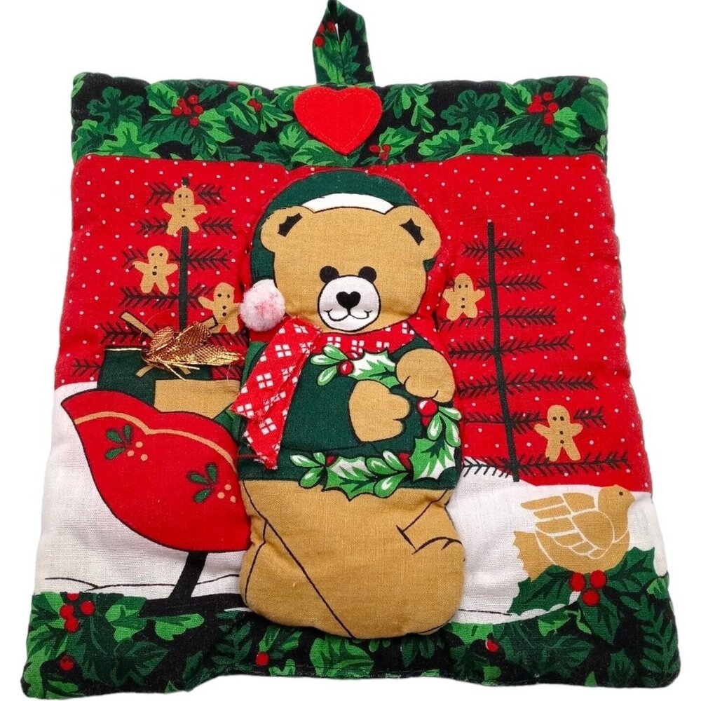 Festive Christmas Potholder Trivet Pad Teddy Bear Wall Hanging Fabric Puffy